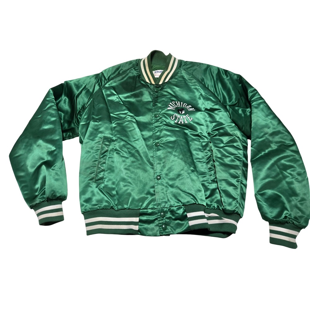 Vintage Michigan State Chalk Line Satin Bomber Jacket Green Made in USA Size‎ L